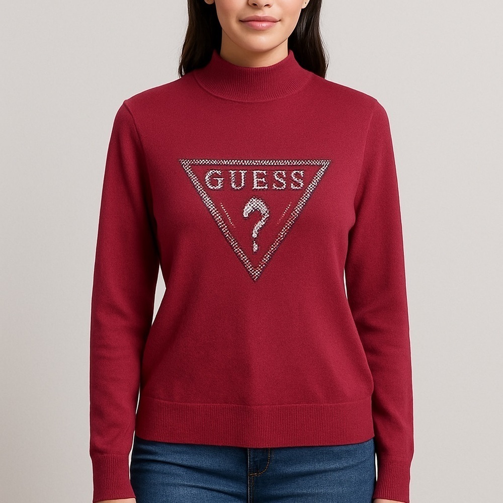 GUESS Pink Mock Neck Logo Sweater XL | Beaded Pearl Embellished Preppy Boho Knit